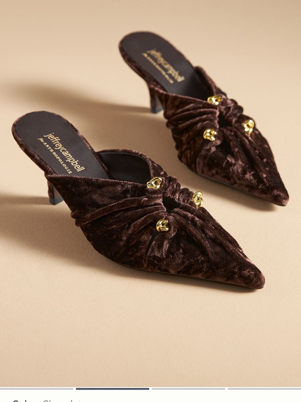 NEW (NEVER WORN) Jeffrey Campbell Dark Brown Velvet Knot Mules with Gold Accents